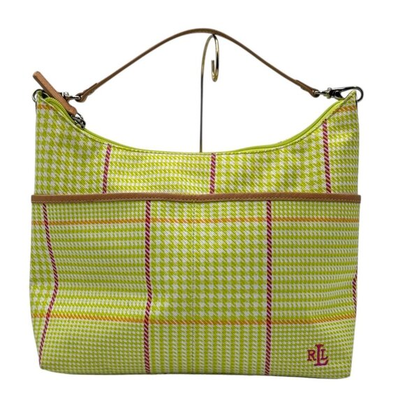 Ralph Lauren Womens Green Yellow Plaid Summer Shoulder Bag With Leather Strap - Picture 2 of 16